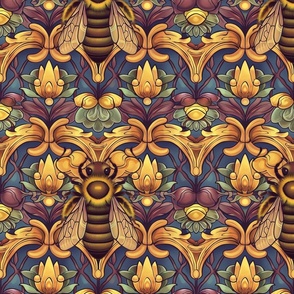 art nouveau bee botanical in gold and purple blue