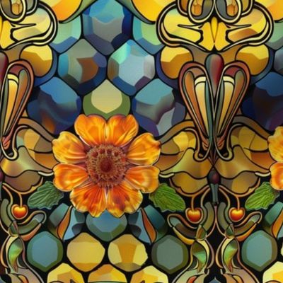 art nouveau honey sunflower and geometric honeycomb