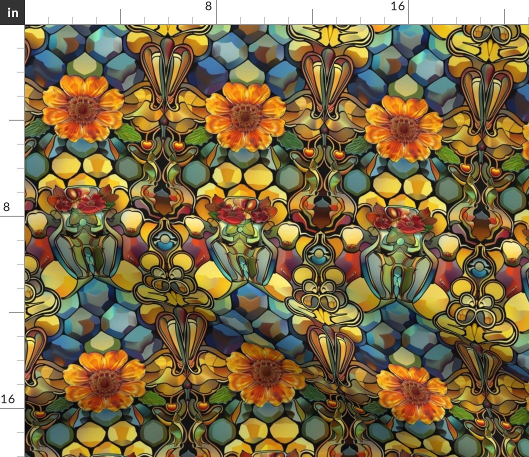 art nouveau honey sunflower and geometric honeycomb