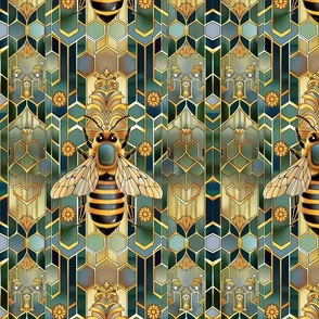 art nouveau bee geometric in gold and green