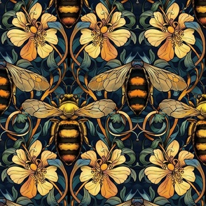art nouveau bee botanical in green and gold