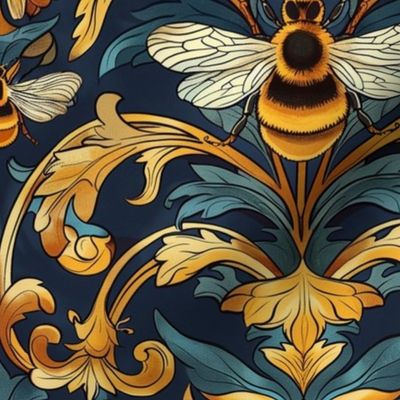 art nouveau bee damask in gold green