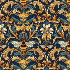 art nouveau bee damask in gold green