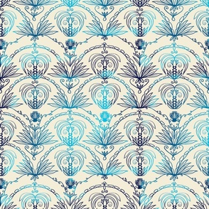Palm Flower Motif,  medium scale,  shades of blue