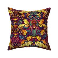 art nouveau bee botanical in purple blue and yellow gold