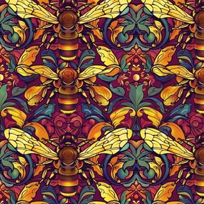 art nouveau bee botanical in purple blue and yellow gold