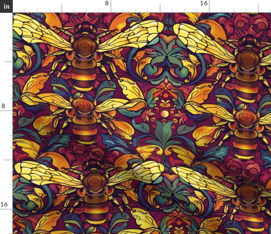 art nouveau bee botanical in purple blue and yellow gold