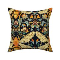 botanical damask art nouveau bee in yellow gold and pale blue