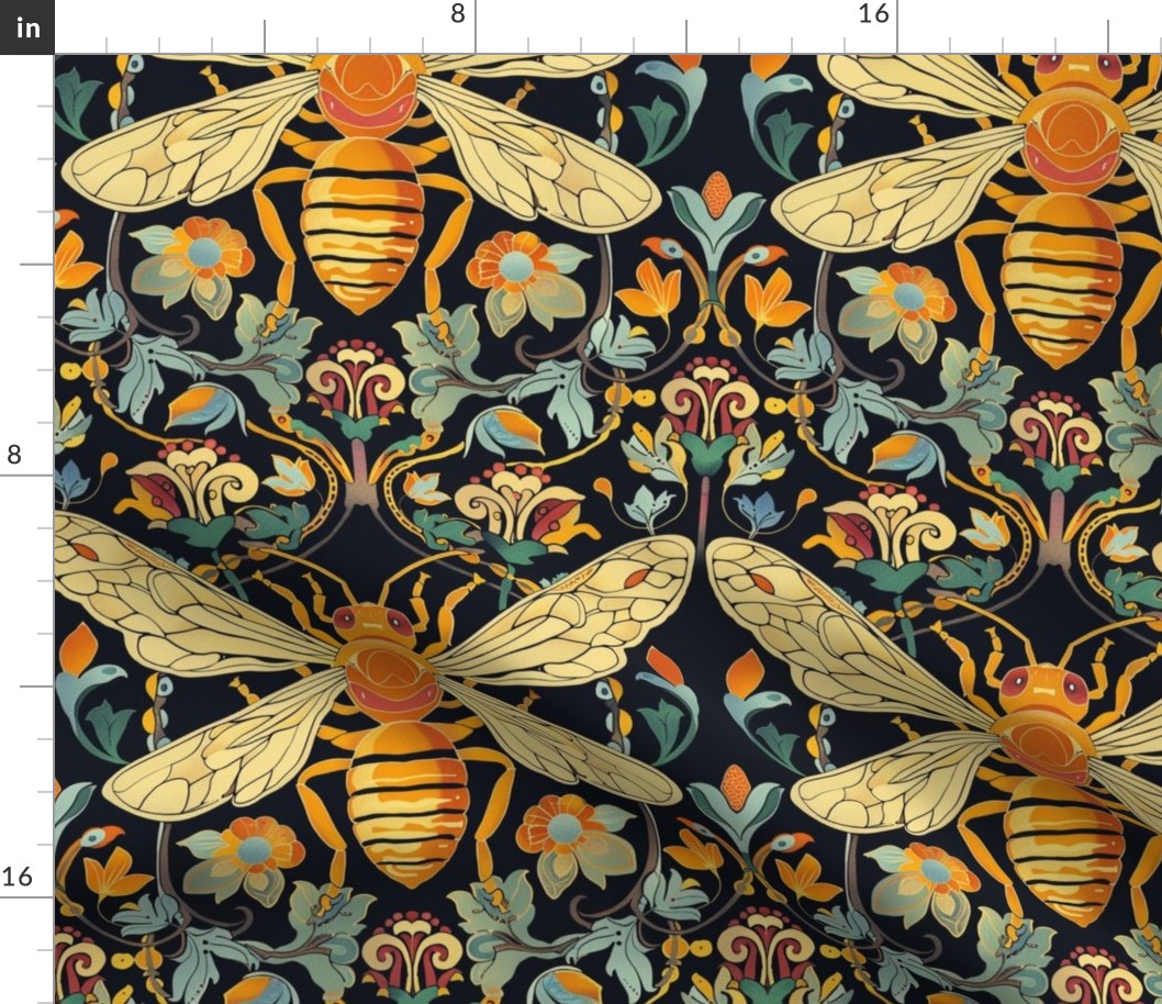 botanical damask art nouveau bee in yellow gold and pale blue