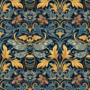 botanical art nouveau bee damask in gold and green