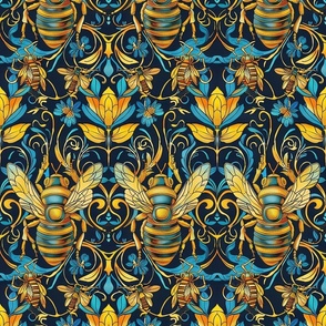 art nouveau gold and blue bee damask