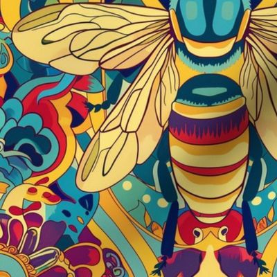 psychedelic art nouveau bright bees in gold orange and purple red teal