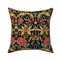 art nouveau bee botanical in red gold and teal green