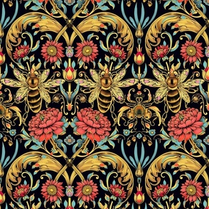 art nouveau bee botanical in red gold and teal green
