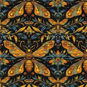 art nouveau gold bees and butterflies in gold teal