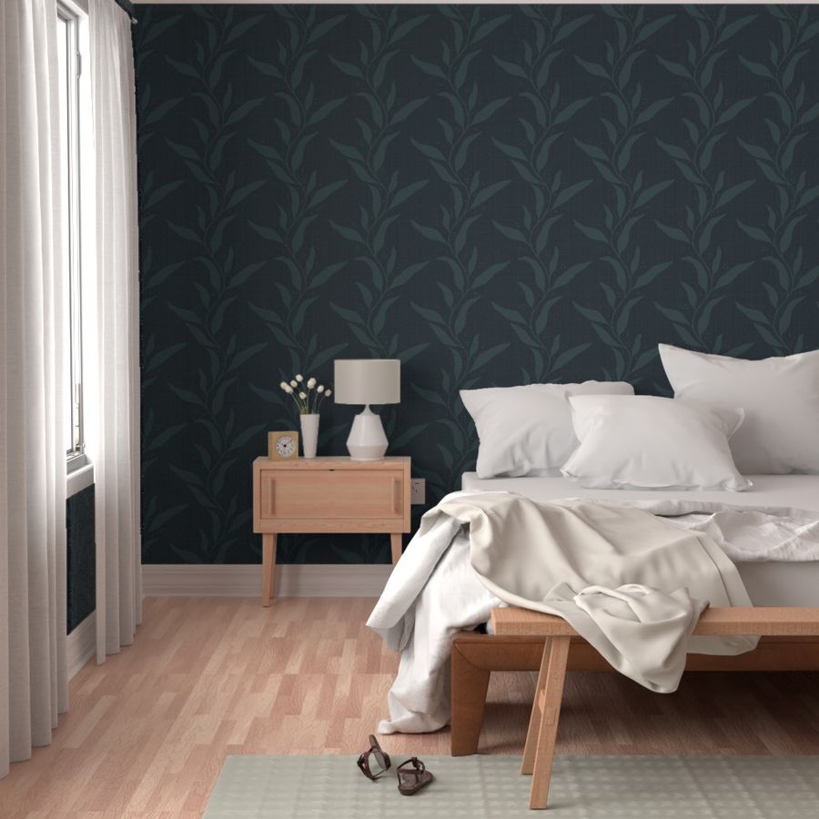 (lg) Wavy Willow Leaf Stripes with Accent Dots and Linen Texture - Dark Green - Elegant Moody Botanical Silhouette for Traditional, Dramatic, and Dark Academia Styles