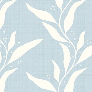 Wavy Willow Leaf Stripes with Accent Dots and Linen Texture - Cream and Blue - Medium Scale - Serene Botanical Silhouette for Traditional, Boho, and Cottagecore Styles