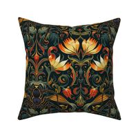 art nouveau floral spider botanical in orange gold and green