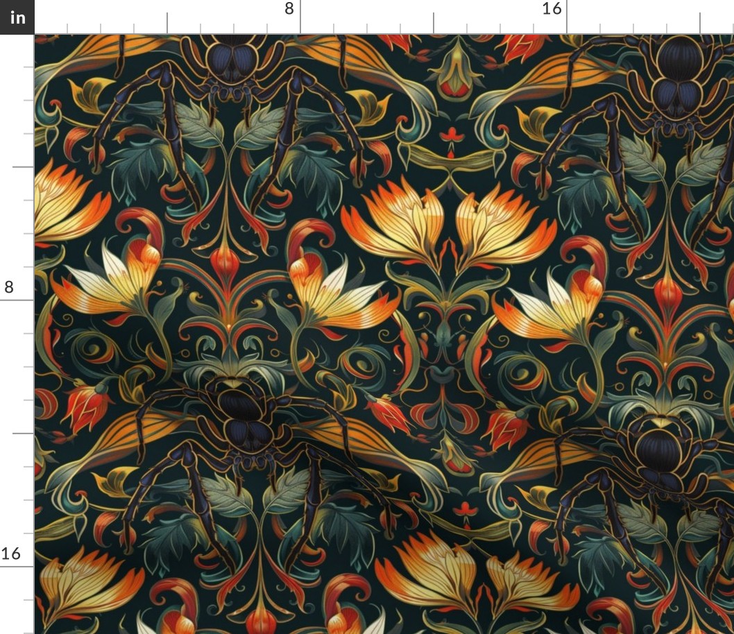 art nouveau floral spider botanical in orange gold and green