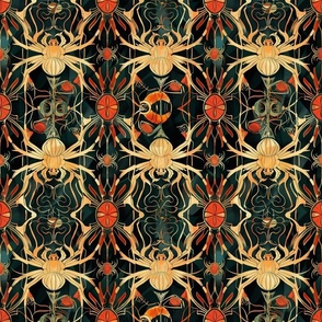 art nouveau gold spiders in red black green damask
