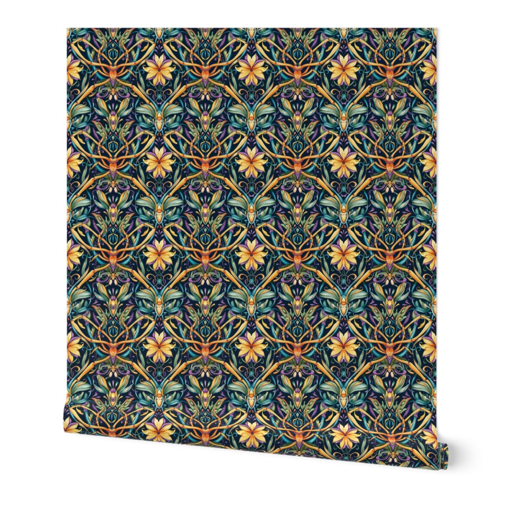 abstract art nouveau spider floral in gold orange and blue green