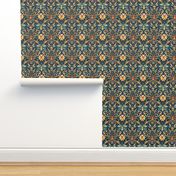 abstract art nouveau spider floral in gold orange and blue green