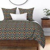 william morris inspired honeycomb geometric botanical in red gold and green