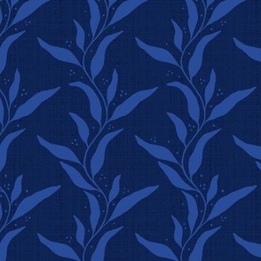 Wavy Willow Leaf Stripes with Accent Dots and Linen Texture - Navy Blue and Ultramarine - Small Scale - Bold Botanical Silhouette for Modern, Maximalist, and Dramatic Styles