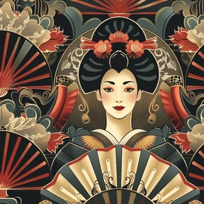 Japanese Geisha and Fan Art Deco Design