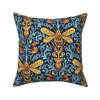 art nouveau bee damask in gold and blue