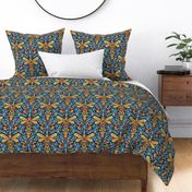 art nouveau bee damask in gold and blue
