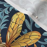 art nouveau bee damask in gold and blue