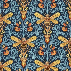 art nouveau bee damask in gold and blue
