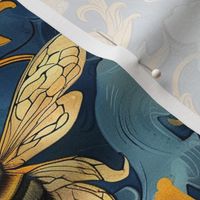 art nouveau damask bee in gold and blue