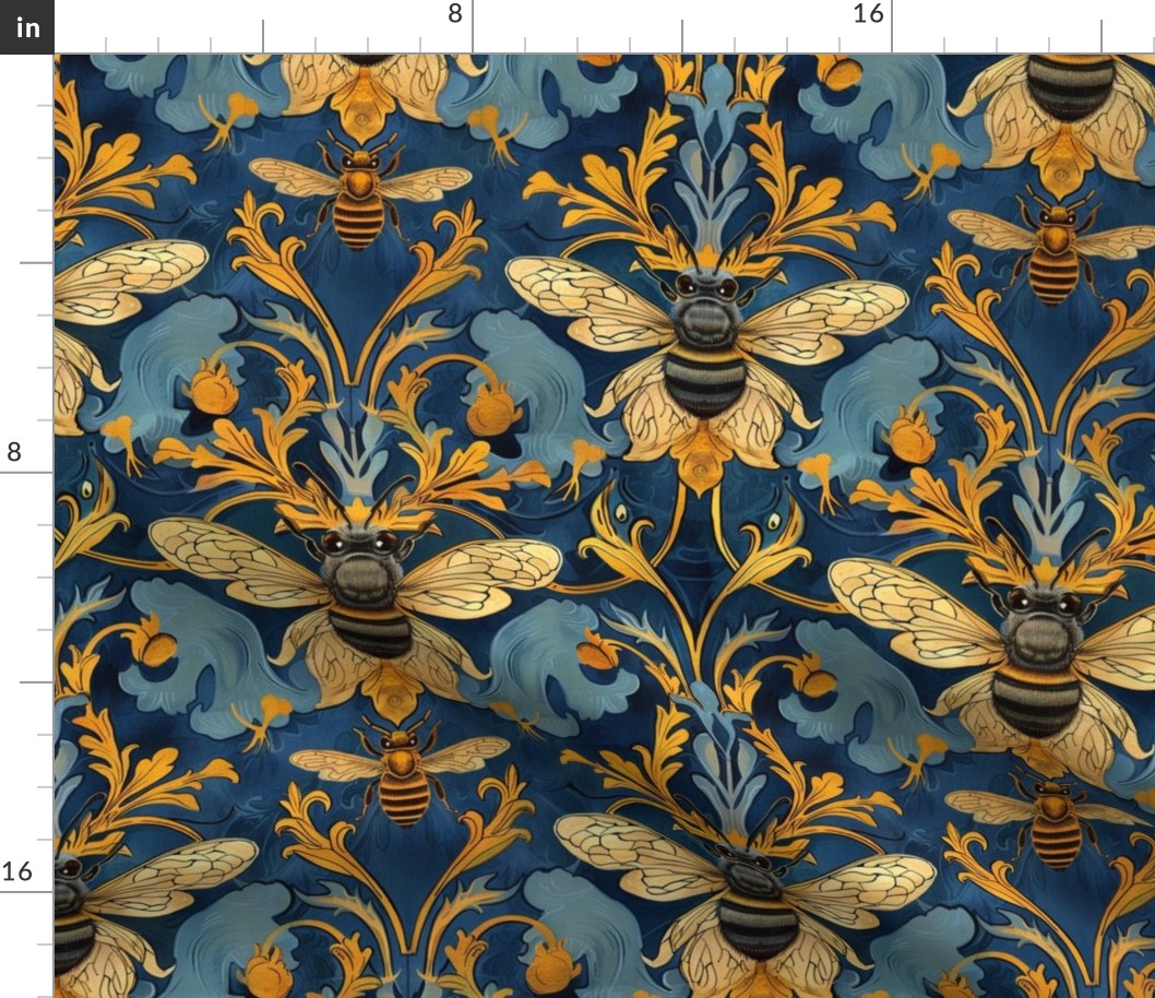 art nouveau damask bee in gold and blue