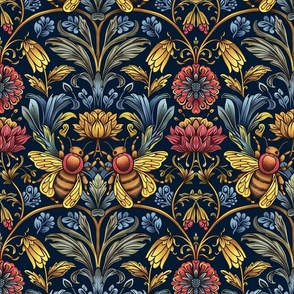 william morris inspired art nouveau bee botanical in gold red and blue