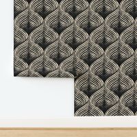 (L) Abstract blockprint Optical Art petals with 3D effect, black and beige