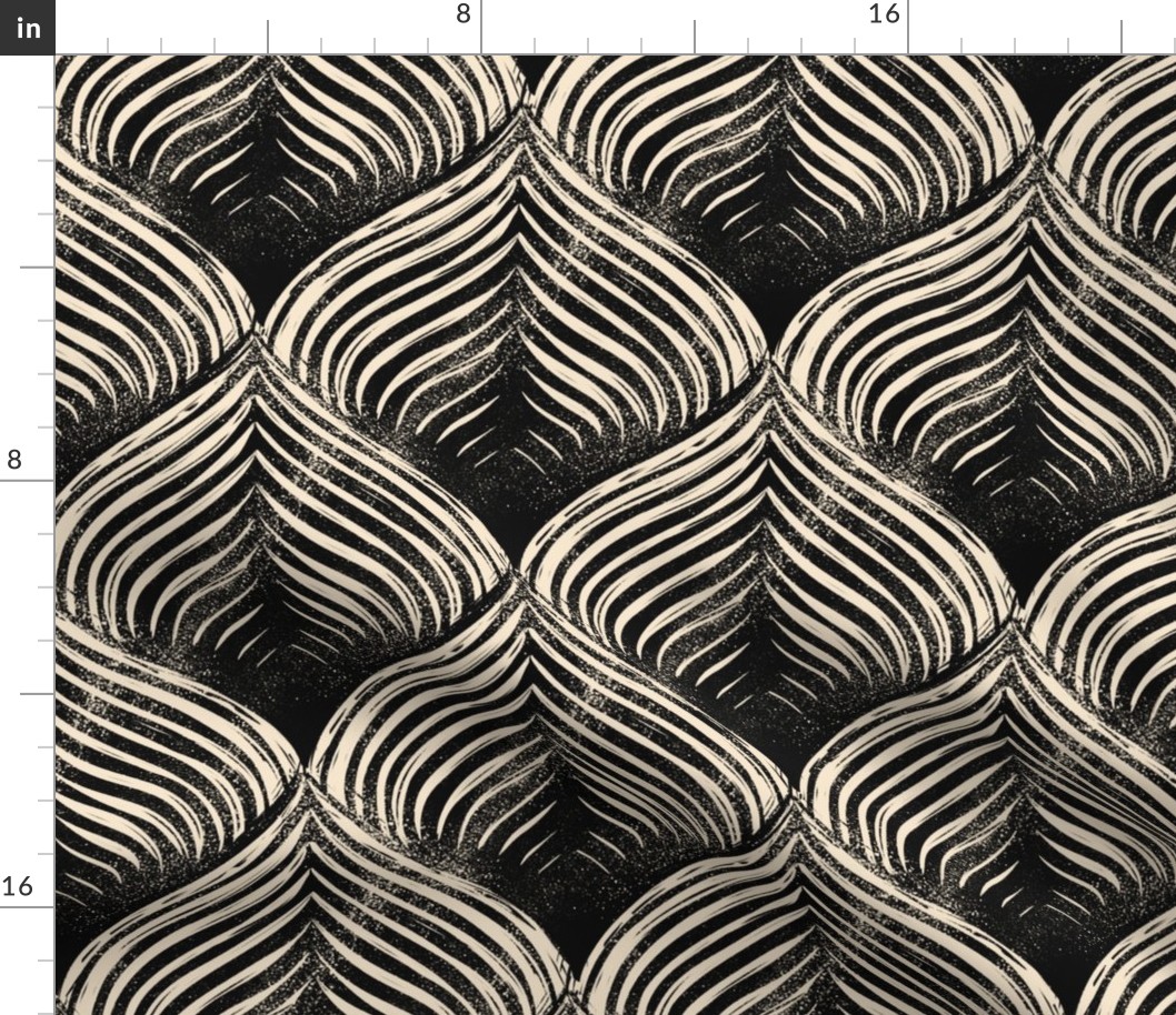 (L) Abstract blockprint Optical Art petals with 3D effect, black and beige
