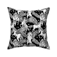 Fantasy black and white pegasus horse