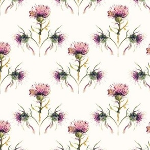Ditsy Vintage Golden Thistles on Off White / Scotland / Watercolor / Pink Floral