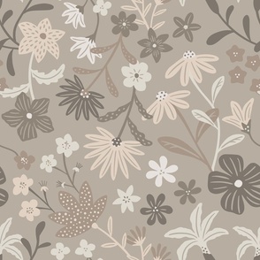 Romantic maximalist floral - taupe - large scale for bedding and curtains