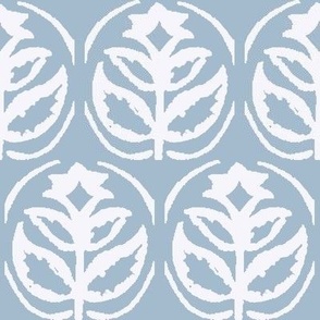Vintage Wood Block Print  Lily Flowers - Beach House Blue and White