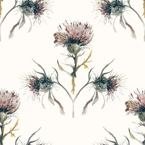 Medium Rustic Thistle Flowers on Off White / Brown / Cream / Watercolor 
