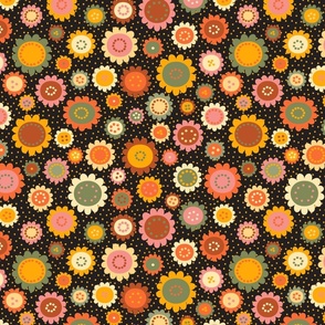 Scandi daisies and polka dots in retro colors on black. Medium scale.