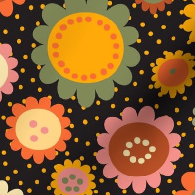 Scandi daisies and polka dots in retro colors on black. Large scale.