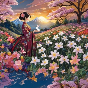 Japanese woman in flower field holding a bunny