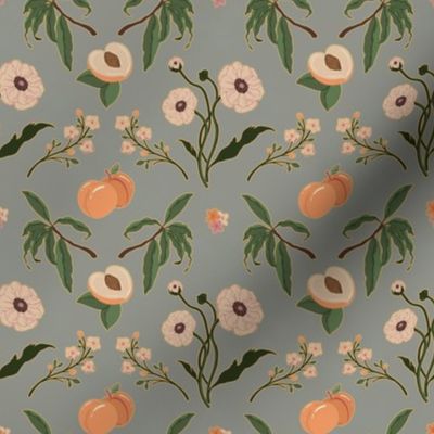Peach and Ranunculus Garden, Dusty Blue ~ Vintage Spring Floral ~ Tiny