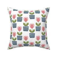 Pink Tulip Flowers in Navy Stripe Pots Faux Texture White Ground Medium Scale