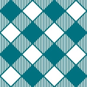 Diagonal Checks with Stripes in Teal on White - Small