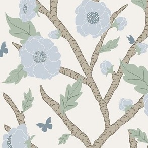 Grand Millennial Blue Bird Branch Buff Linen,  Large, Wallpaper, Bedding, Upholstery
